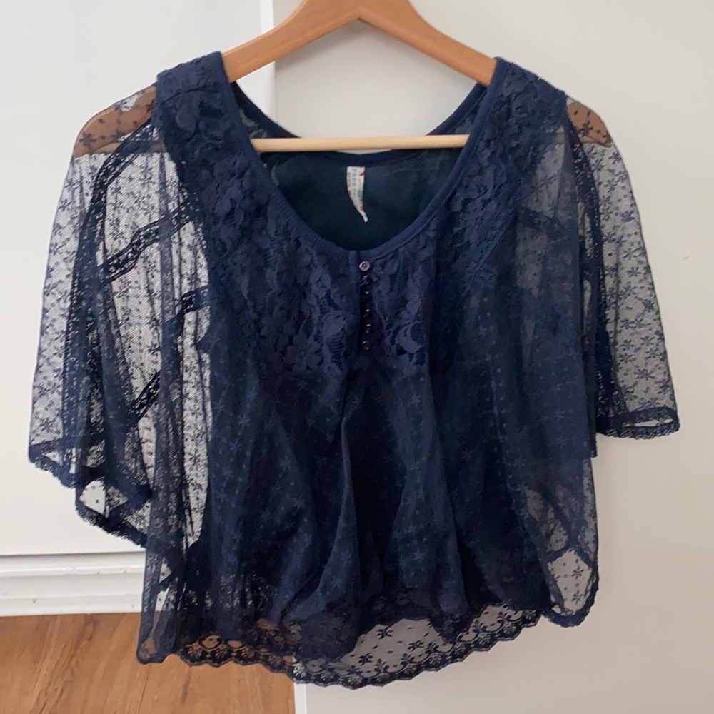 Free People lace flowy blouse, navy, XS
